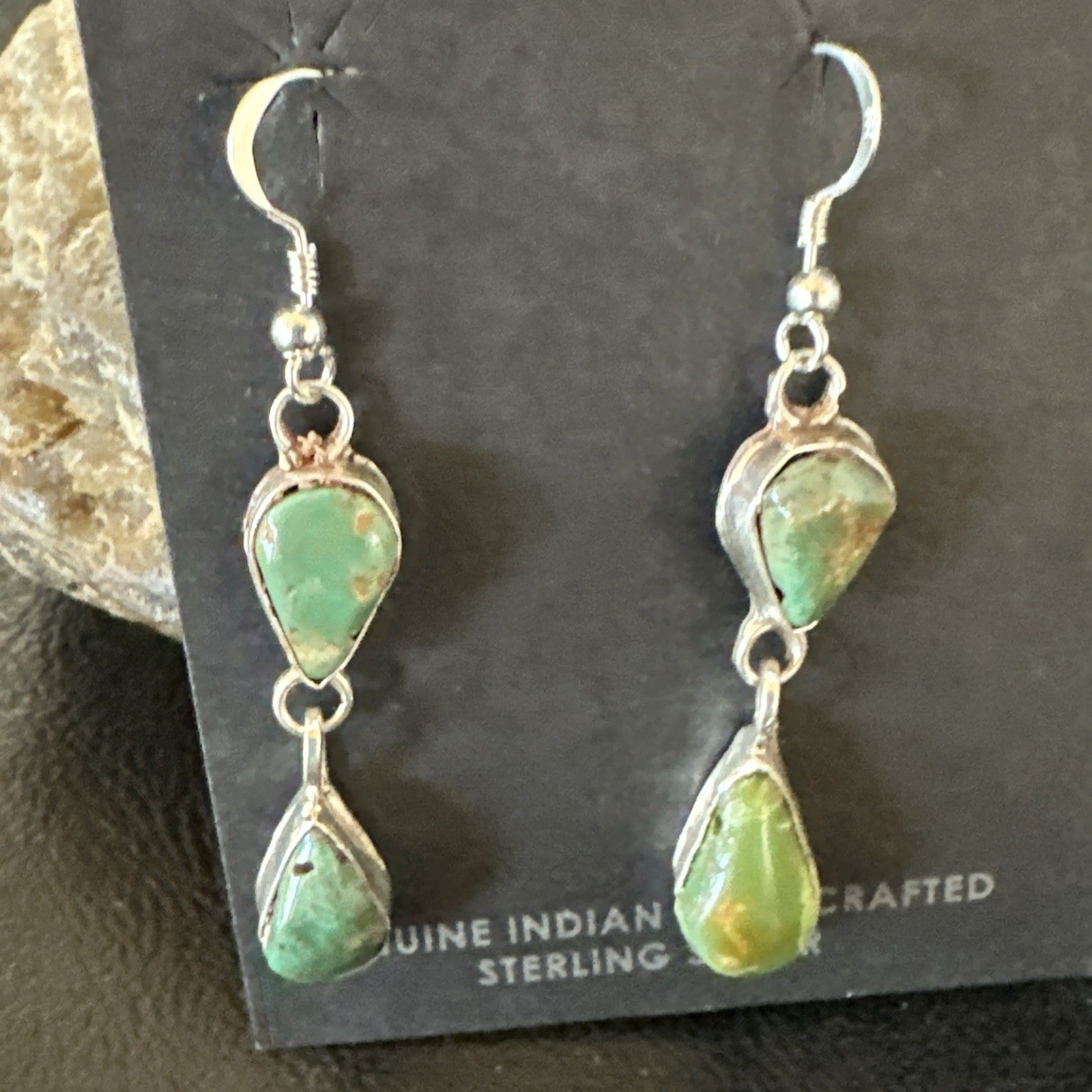 Green Royston Turquoise Navajo Sterling Silver Dangle Earrings 19414