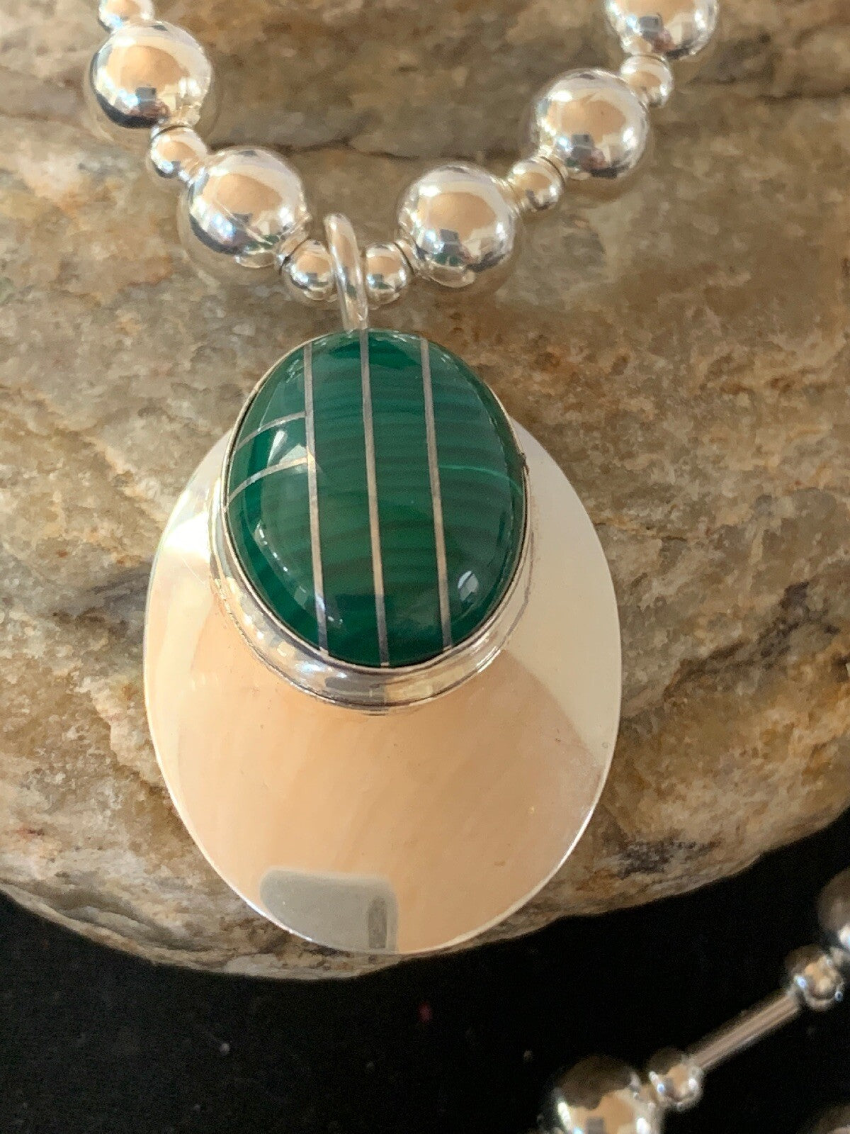 Green Malachite Pendant Navajo Sterling Silver Necklace 03179