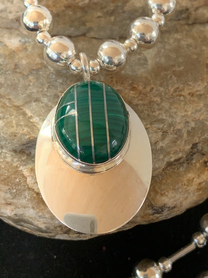 Green Malachite Pendant Navajo Sterling Silver Necklace 03179