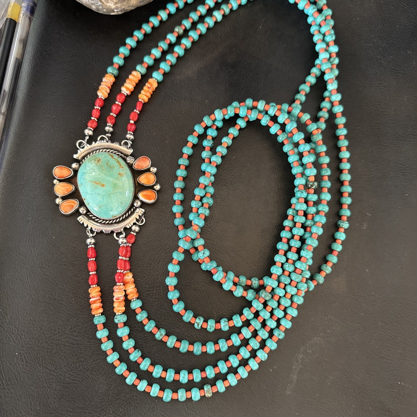 XL Statement Green Turquoise Spiny Navajo 3S Sterling Silver Necklace 34” 19675