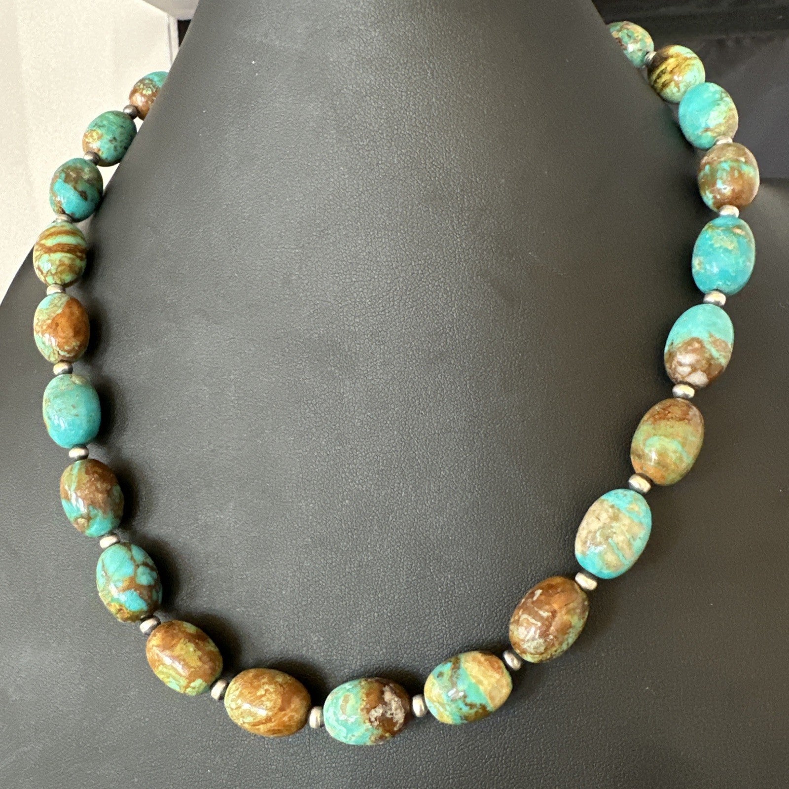 Green Blue Royston Turquoise Navajo Sterling Silver Beads Necklace 18" 19562
