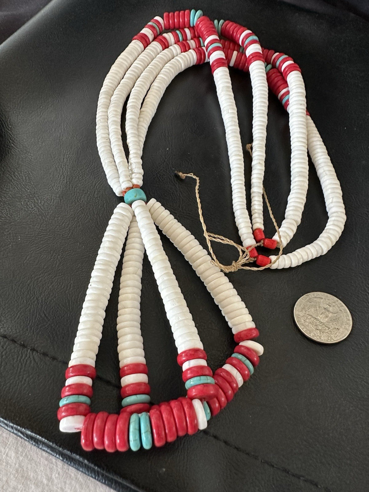 Red Coral White Turquoise 2 St Native American Santo Domingo Necklace 28" 19440