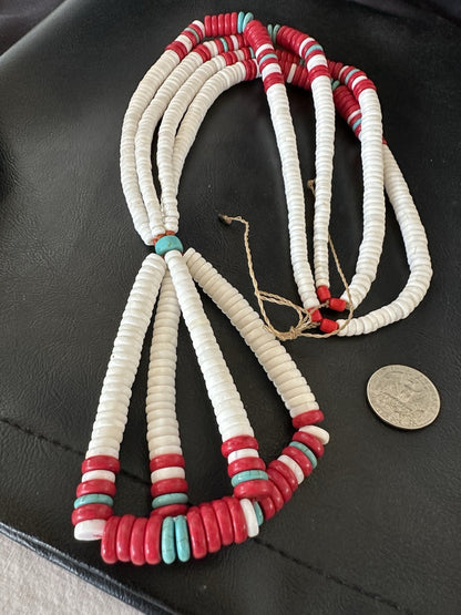 Red Coral White Turquoise 2 St Native American Santo Domingo Necklace 28" 19440