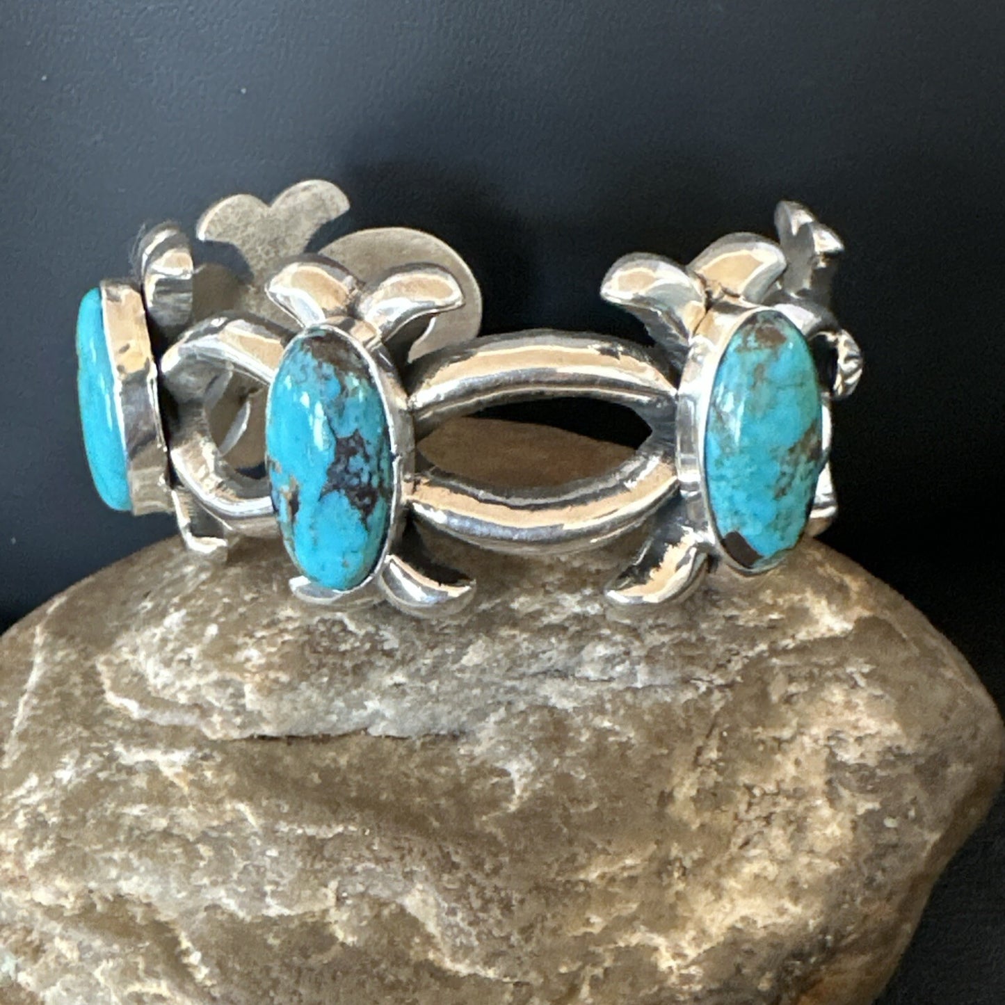 Tufa Cast Blue Turquoise 3 Stone Navajo Sterling Silver Cuff Bracelet 18572