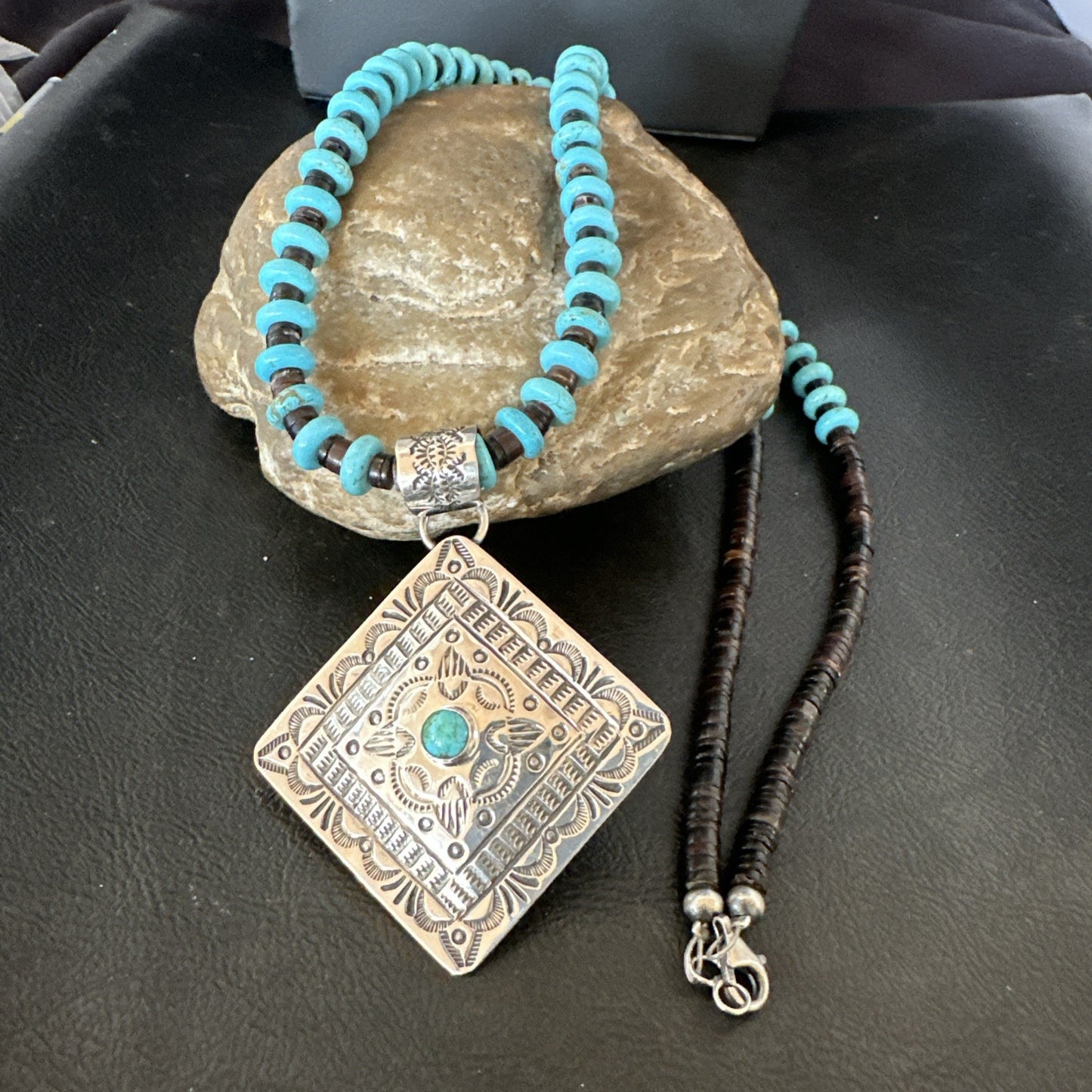 Navajo Blue Turquoise Stamped Pendant Shell Sterling Silver 25” Necklace 19708