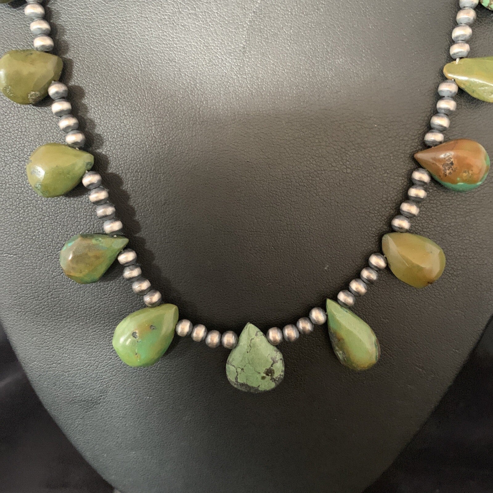 Teardrop Sterling Silver Beads Green Turquoise Necklace 20" 13508
