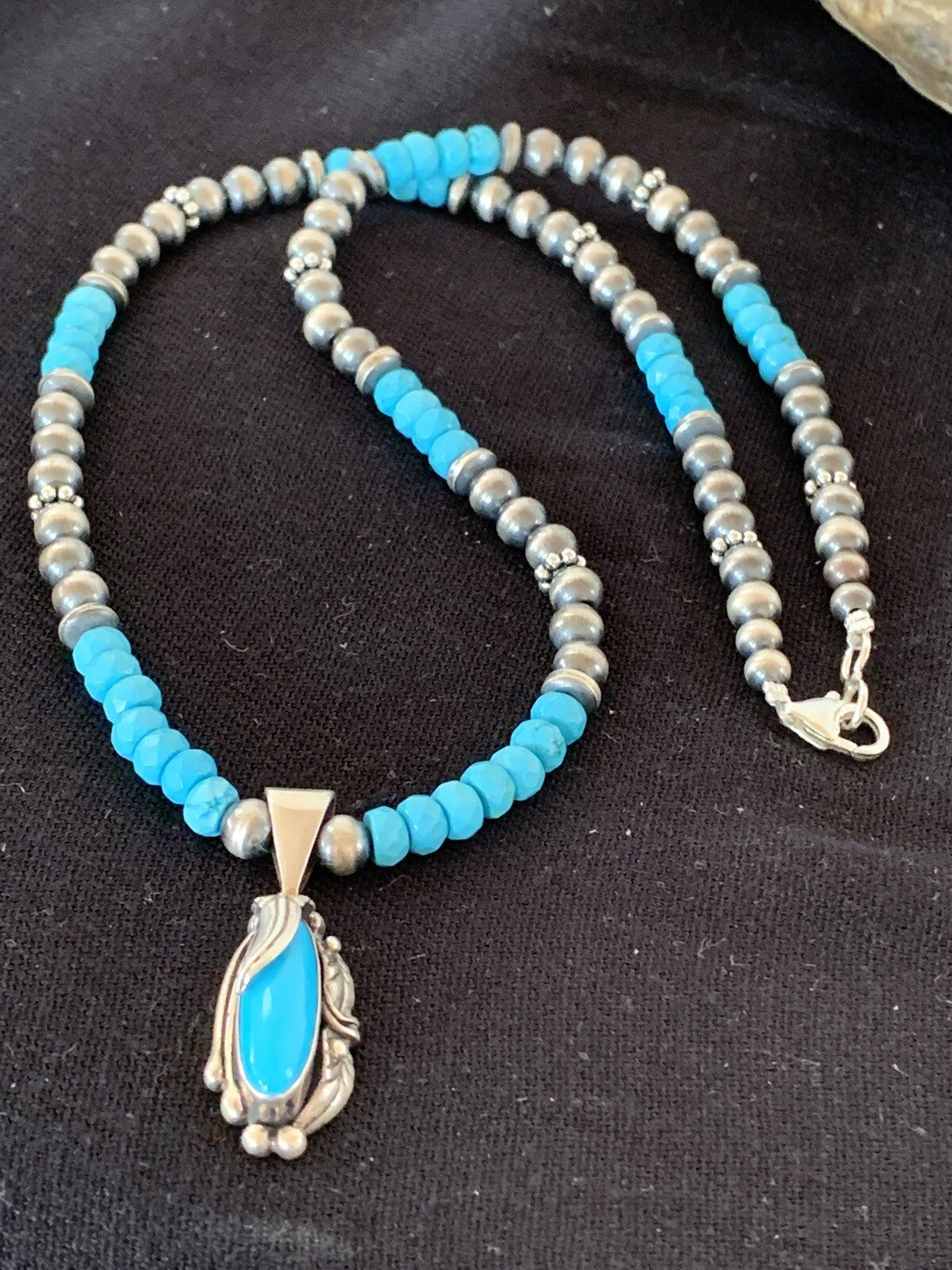 Blue Faceted Turquoise Sterling Silver Necklace Sleeping Beauty Pendant 00564