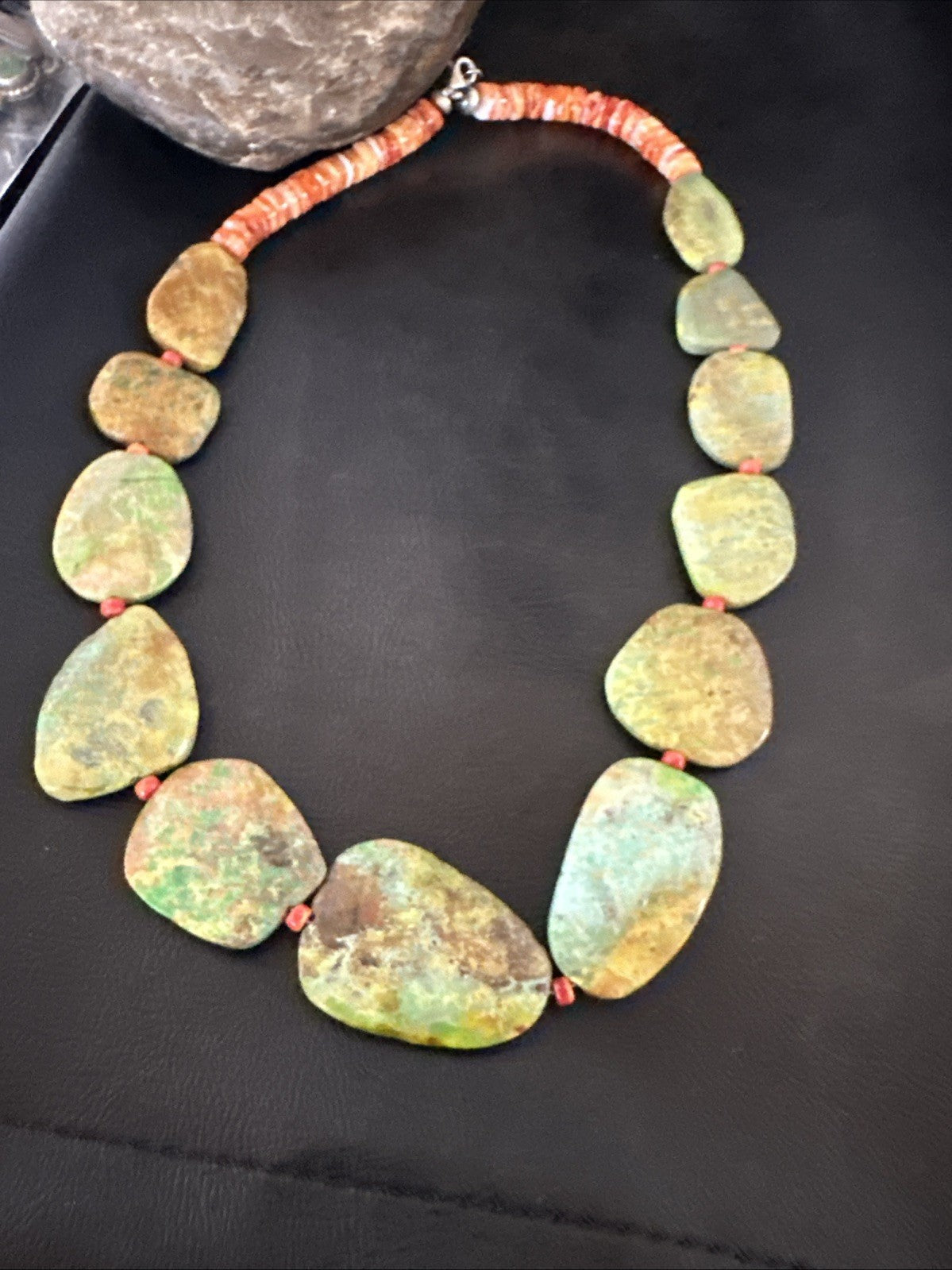 Rare Green Turquoise Orange Spiny Navajo Sterling Silver Necklace 19317