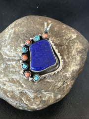 Blue Lapis Cluster Pendant Navajo Beads Necklace | Sterling Silver | Authentic Native American Handmade | 18754