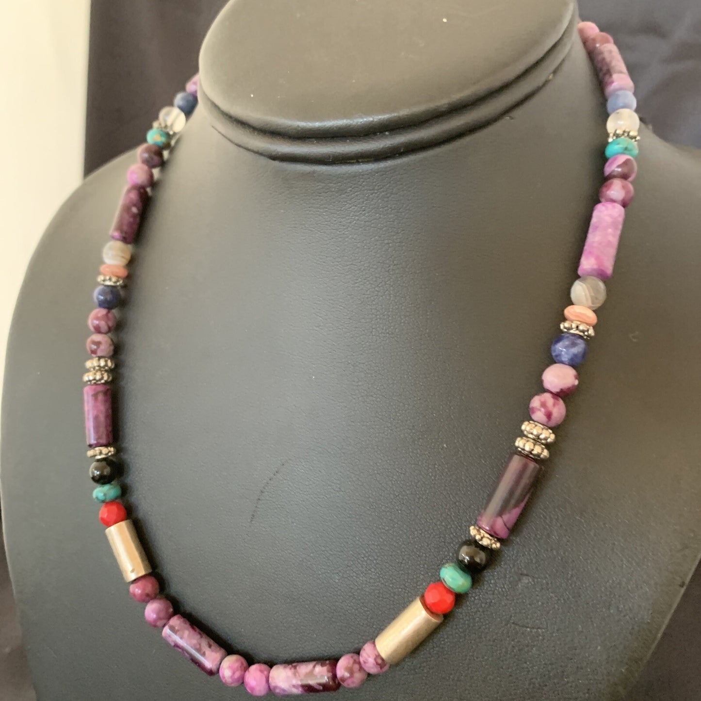 Turquoise Purple Stone & Coral Beads Navajo Sterling Silver Necklace 10391