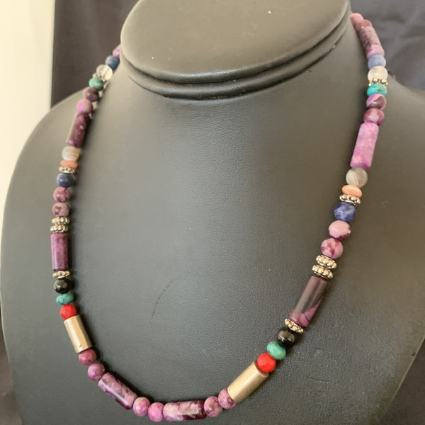 Turquoise Purple Stone Coral Beads Navajo Necklace | Sterling Silver | Authentic Native American Handmade | 10391