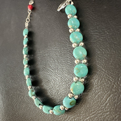 Womens Blue Turquoise Bead Southwestern Sterling Silver Link Bracelet 8" 17976