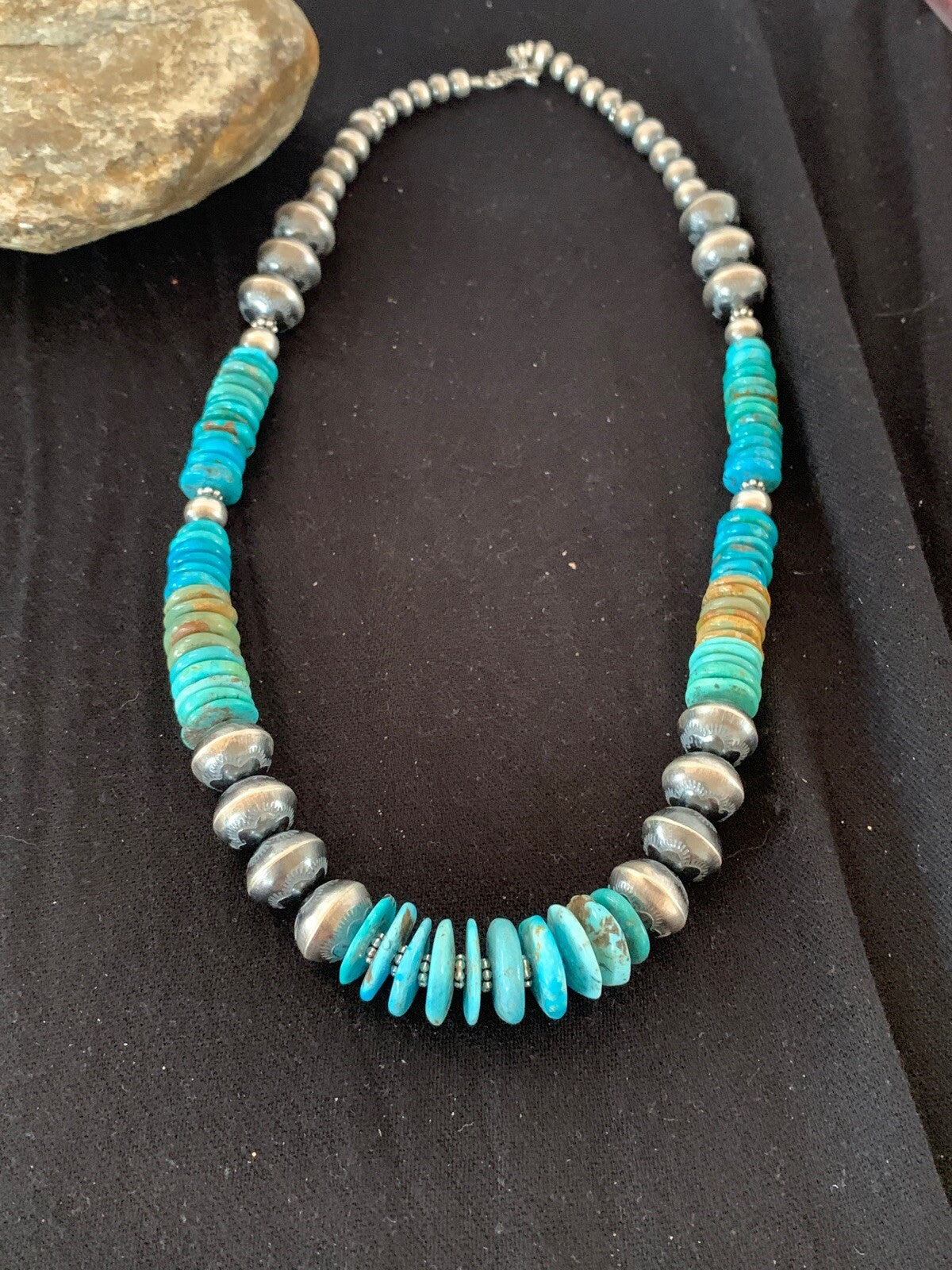 Blue Green Turquoise Beads Navajo Pearls Sterling Silver Necklace 4697