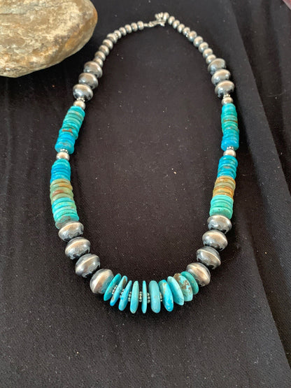 Blue Green Turquoise Beads Navajo Pearls Sterling Silver Necklace 4697
