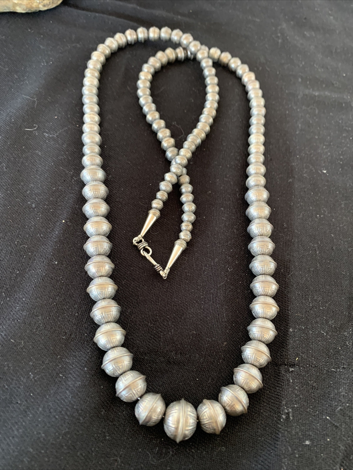 Hand Stamped Bench Navajo Pearls Graduated Sterling Silver Bead Necklace 36”