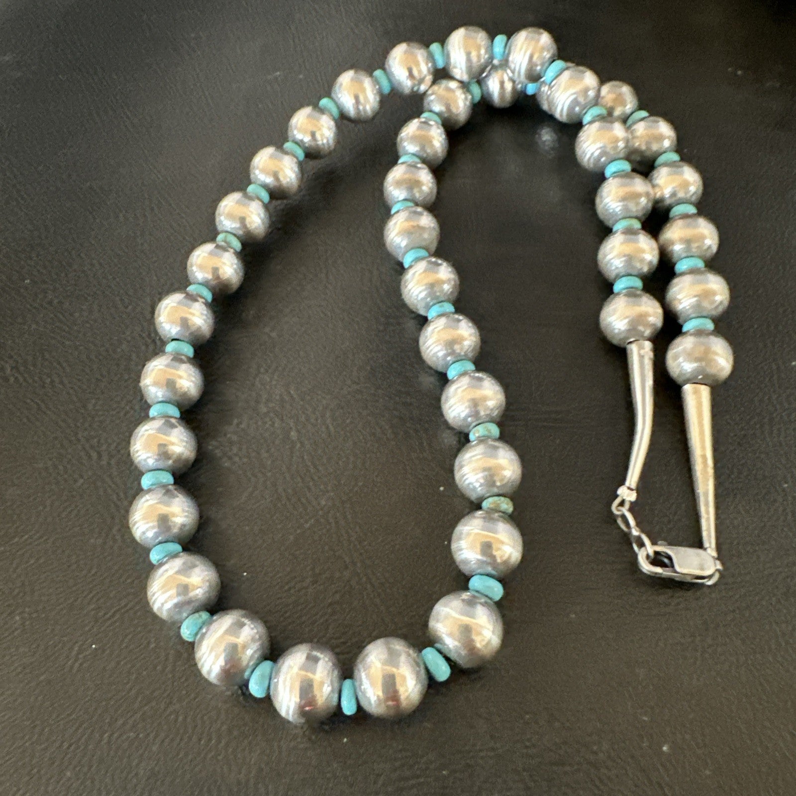 Blue Turquoise 10mm Round Sterling Silver Beads Necklace 20” 92407