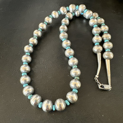 Blue Turquoise 10mm Round Sterling Silver Beads Necklace 20” 92407