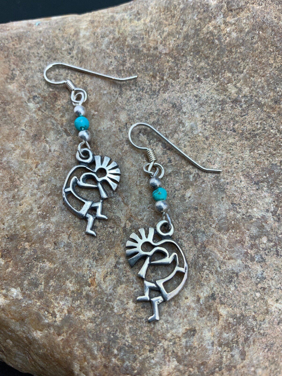 Native Turquoise Kokopelli Navajo Sterling Silver Earrings 1.25" 04525