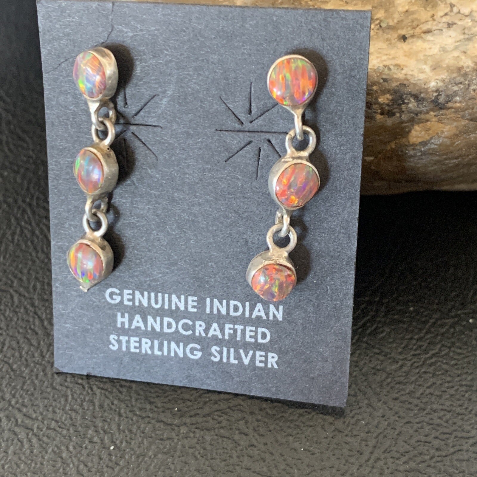 Womens Pink Opal Inlay Navajo Sterling Silver Dangle Post Earrings 1" 12760