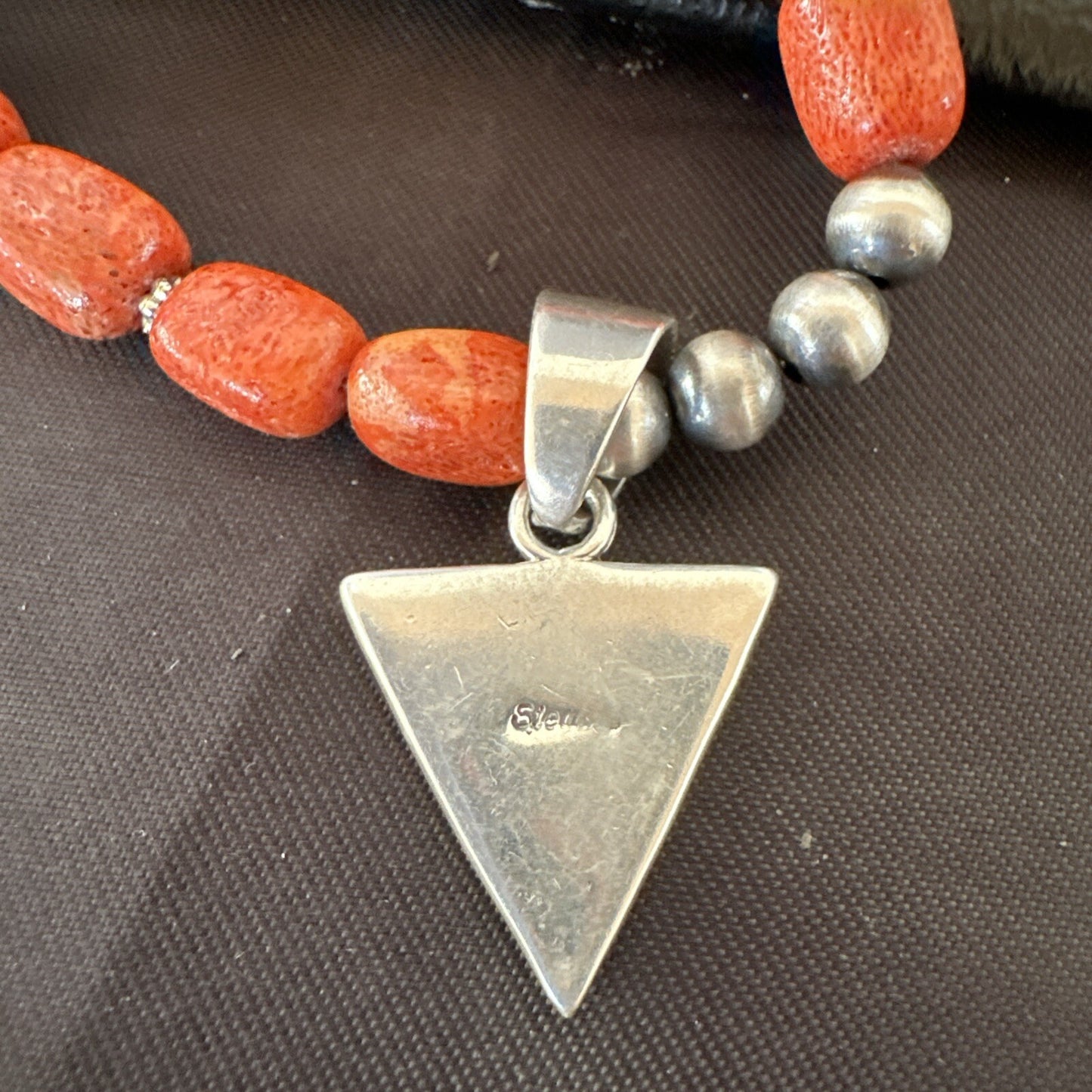 Navajo Apple Sponge Coral Sterling Silver Necklace Inlay Pendant 21” 18684