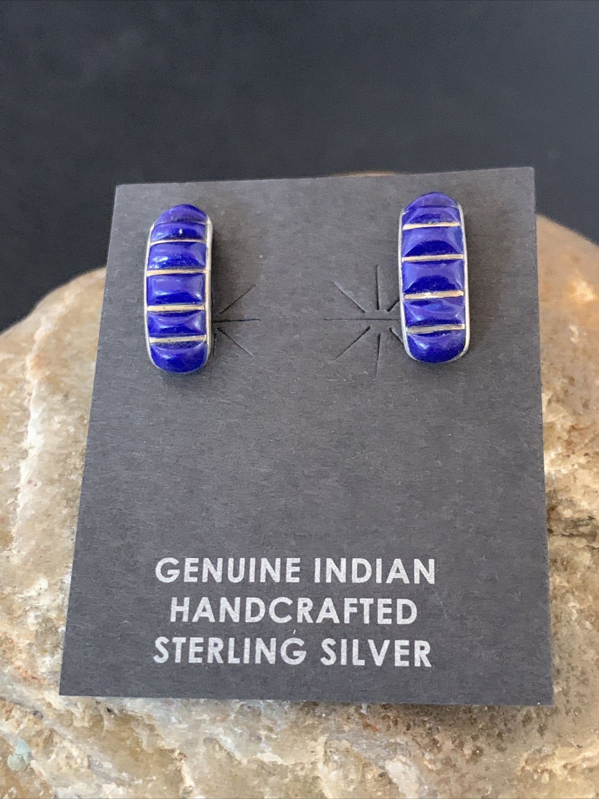 Blue Lapis Sterling Silver Multi-Stone Post Stud Inlay Earrings 0.5" 12708