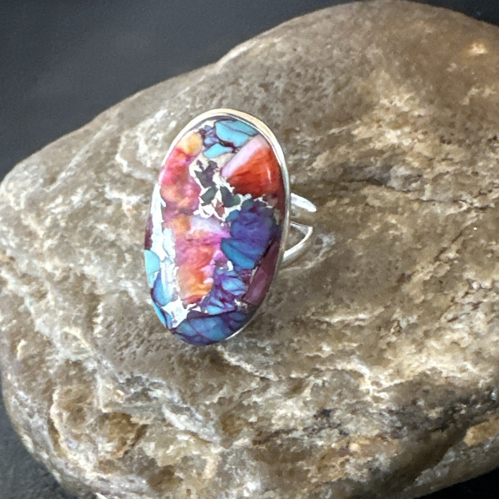 Blue Turquoise Spiny Oyster Southwestern Sterling Silver Ring Size 8 18482