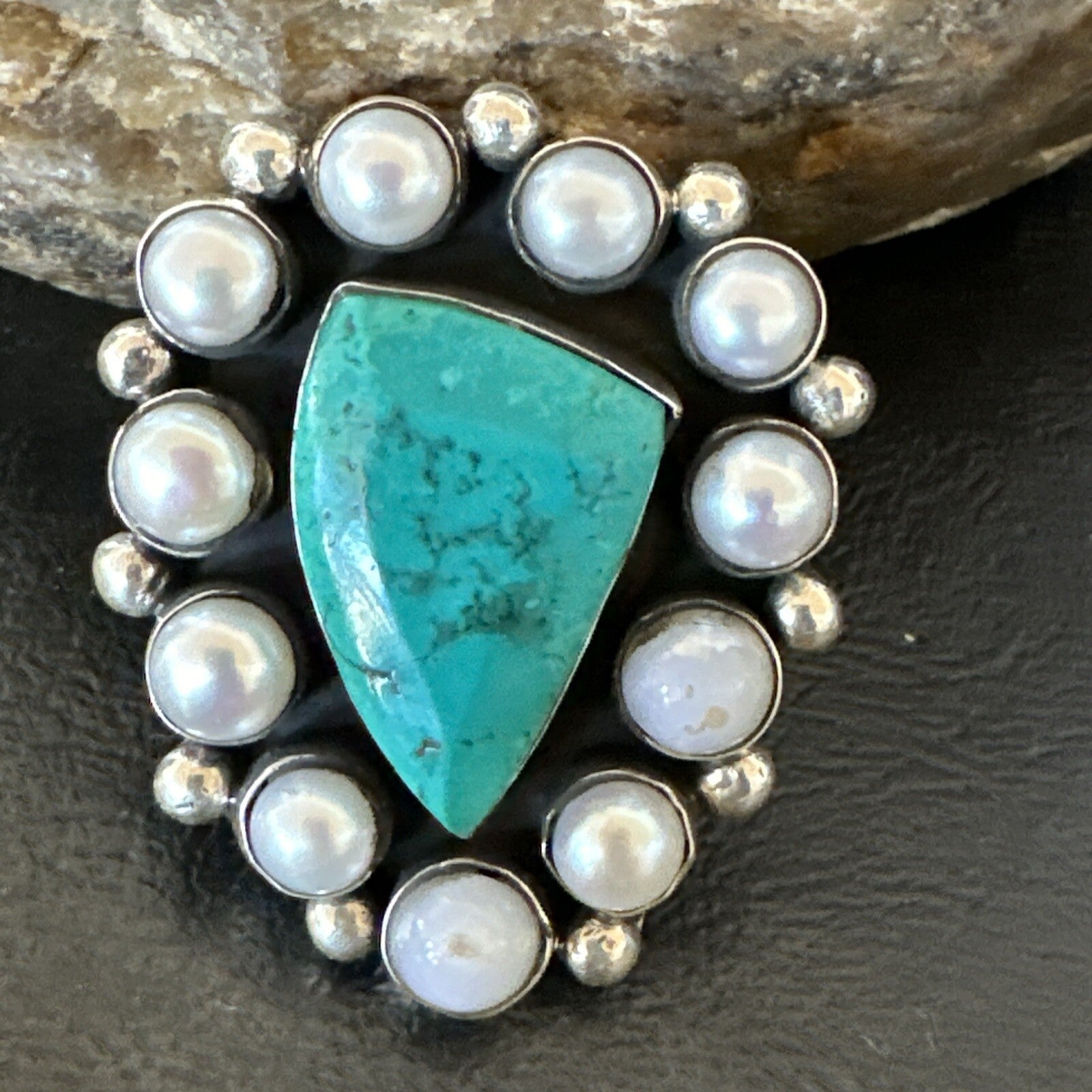 Blue Turquoise White Pearls Navajo Sterling Silver Cluster Ring Size 10.5 18398