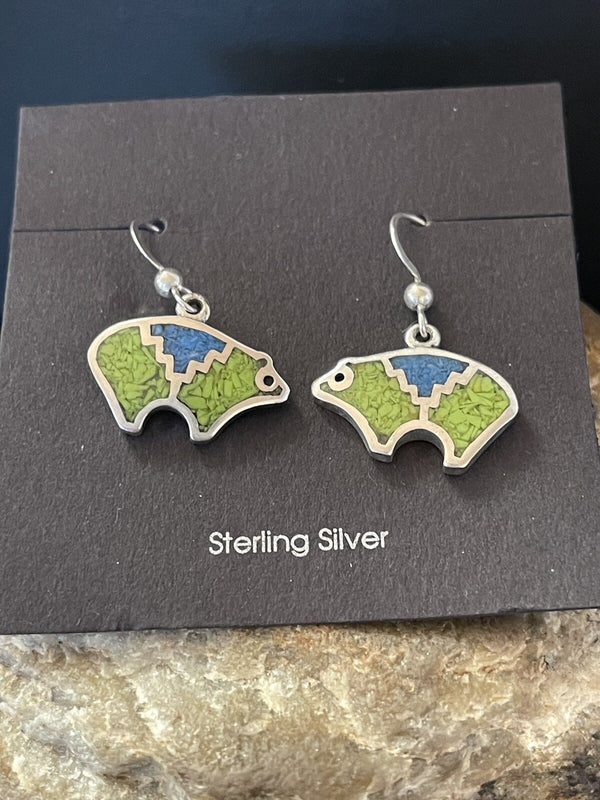 Blue Lapis Green Turquoise Bear Inlay Earrings 0.25" | Sterling Silver | Authentic Native American Handmade | 01509