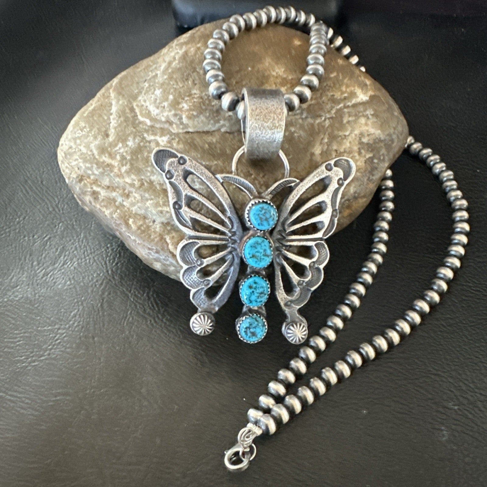 Butterfly Blue Kingman Turquoise Pendant Navajo Sterling Silver Necklace 19296
