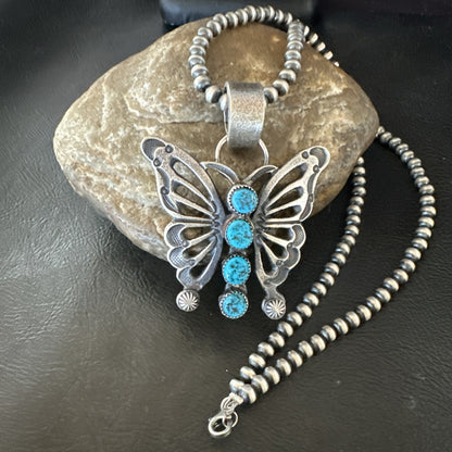 Butterfly Blue Kingman Turquoise Pendant Navajo Sterling Silver Necklace 19296