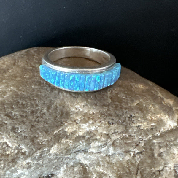 Blue Opal Navajo Band Inlay Ring Size7 | Sterling Silver | Authentic Native American Handmade | 18800