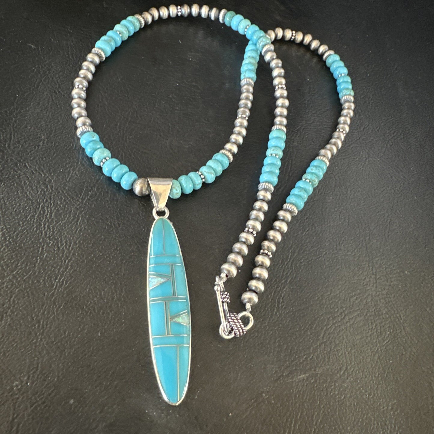Blue Turquoise Pendant Navajo Pearls Sterling Silver Necklace 15425