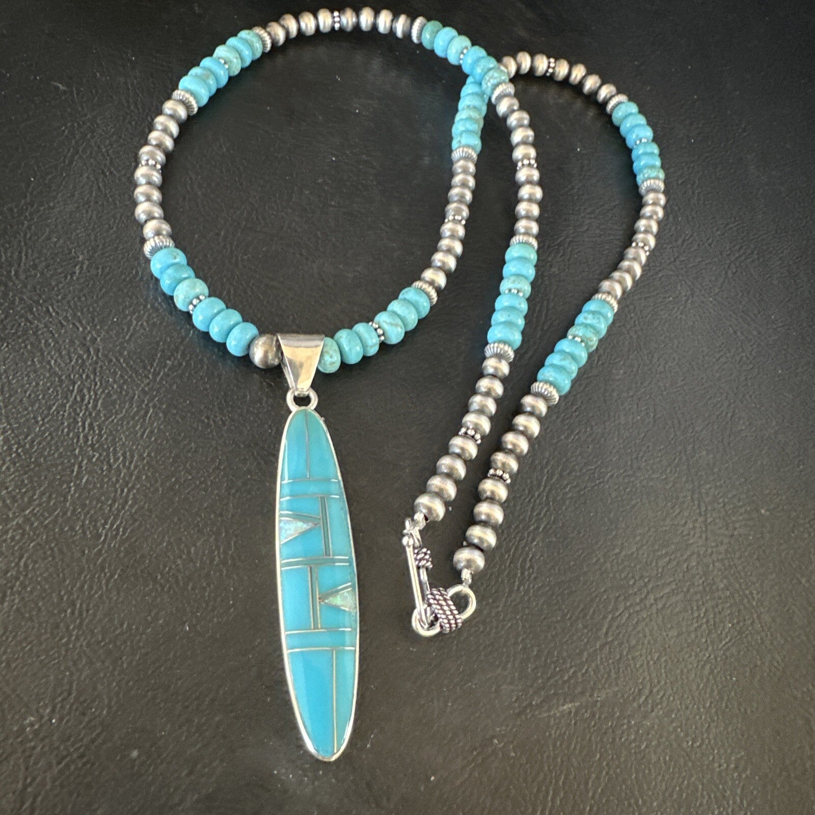 Blue Turquoise Pendant Navajo Pearls Sterling Silver Necklace 15425
