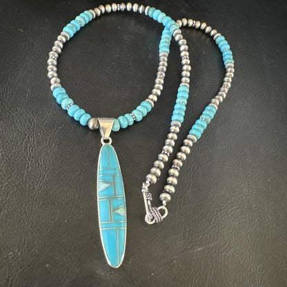 Blue Turquoise Pendant Navajo Pearls Sterling Silver Necklace 15425