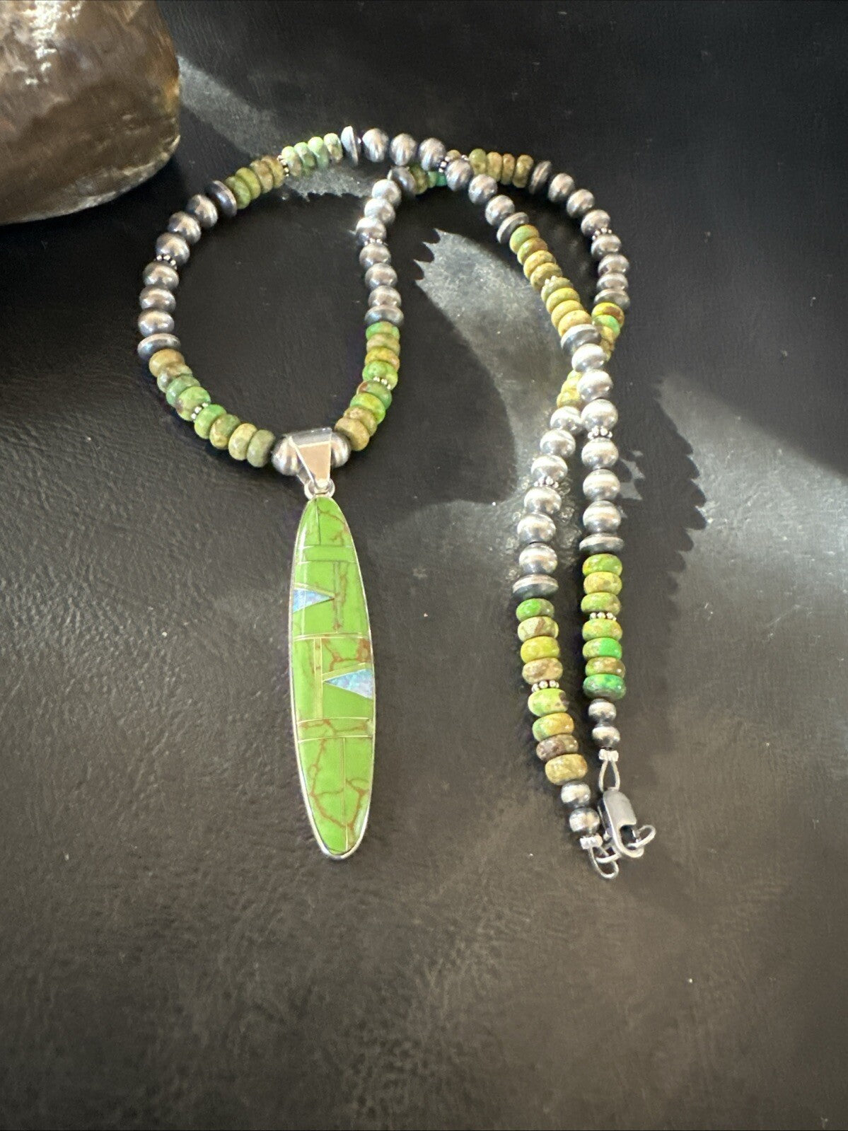 WoMens Green Gaspeite Turquoise Opal Pendant Sterling Silver Necklace 18666