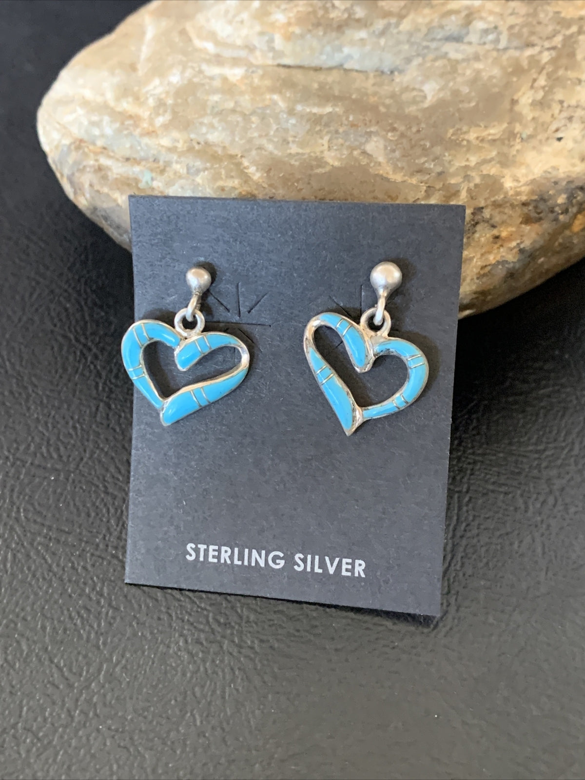 Blue Turquoise Heart Navajo Sterling Silver Dangle Post Earrings 0.5" 12714