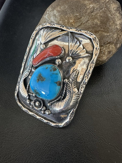 Mens Buckle Blue Turquoise Coral Navajo Sterling Silver Concho Belt 19489