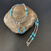 Blue Turquoise Inlay Pendant Navajo Pearls Necklace | Sterling Silver | Authentic Native American Handmade | 12615
