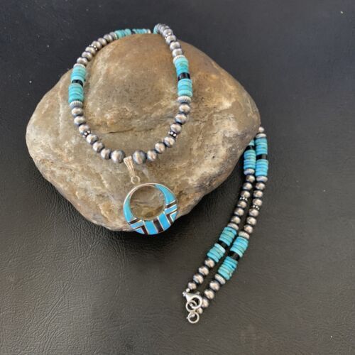 Blue Turquoise Inlay Pendant Navajo Pearls Sterling Silver Necklace 12615