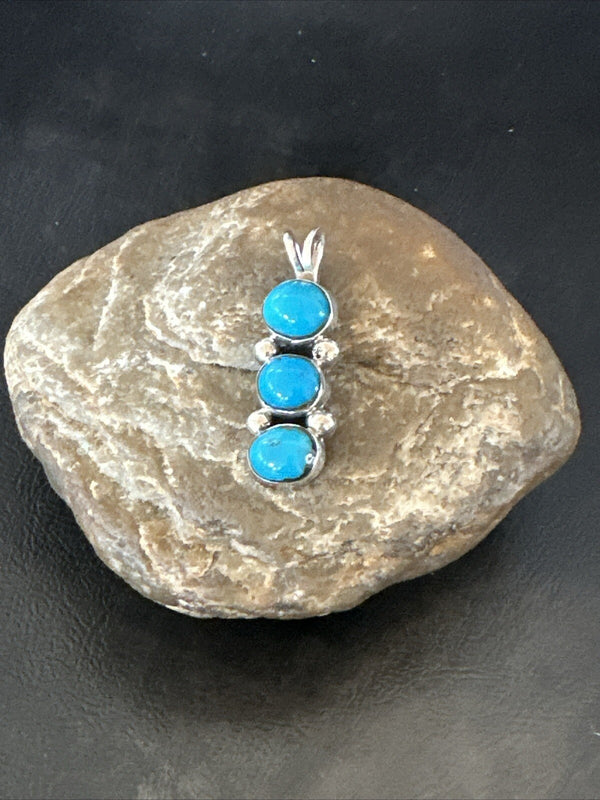 Robin Egg Turquoise 3 Stone Navajo Cluster Pendant | Sterling Silver | Authentic Native American Handmade | 18337