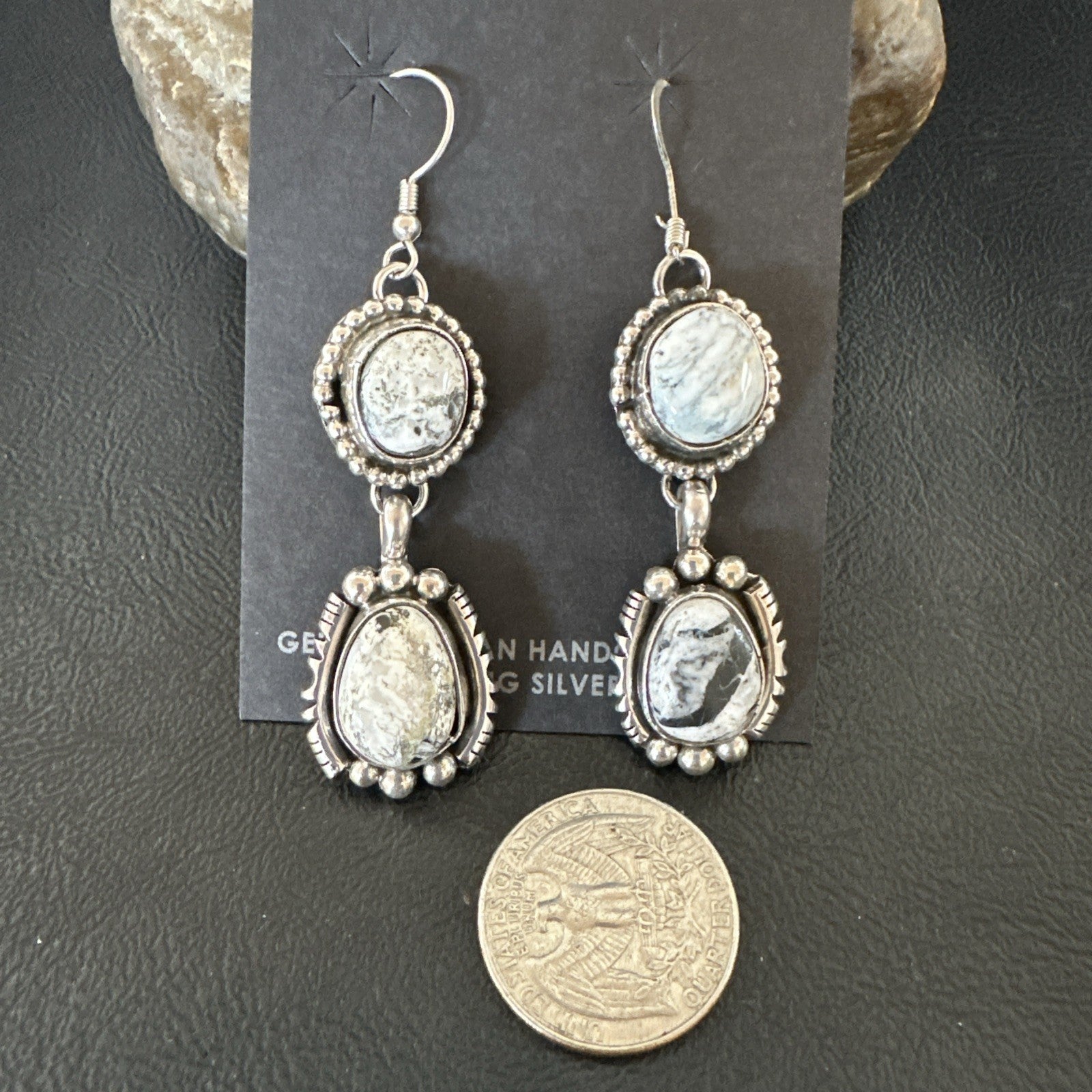 Womens Navajo White Buffalo Turquoise Sterling Silver Dangle Earrings 2" 19309