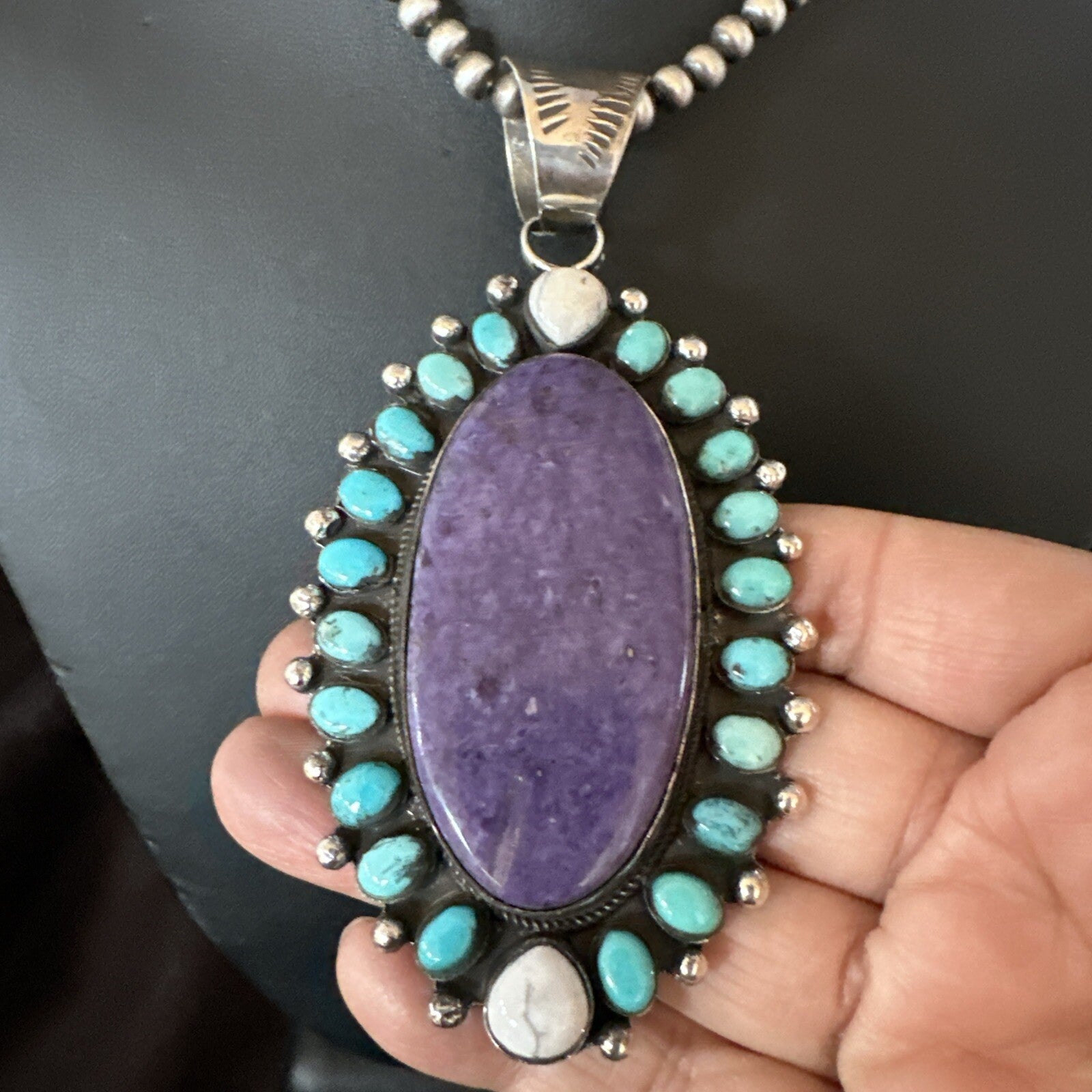 Purple Charoite Turquoise Navajo Sterling Silver Cluster Pendant 3.75" 18651