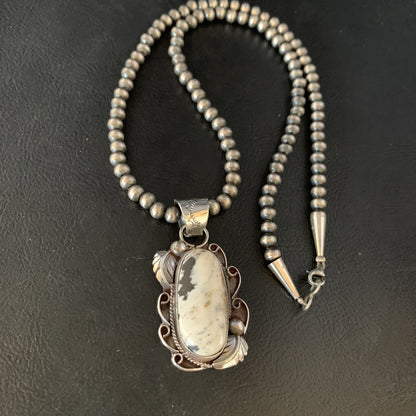 Mens Sterling Silver Beads White Buffalo Turquoise Necklace Pendant 20" 13666