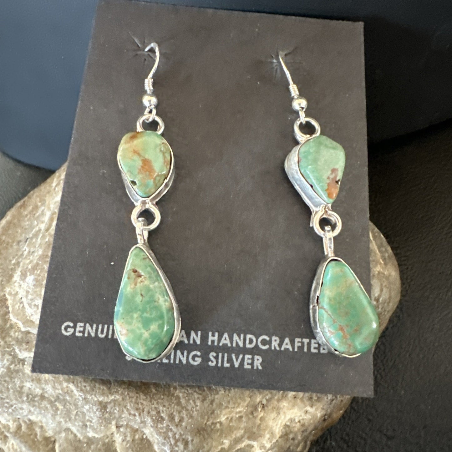 Green Royston Turquoise Navajo Sterling Silver Dangle Earrings 19405
