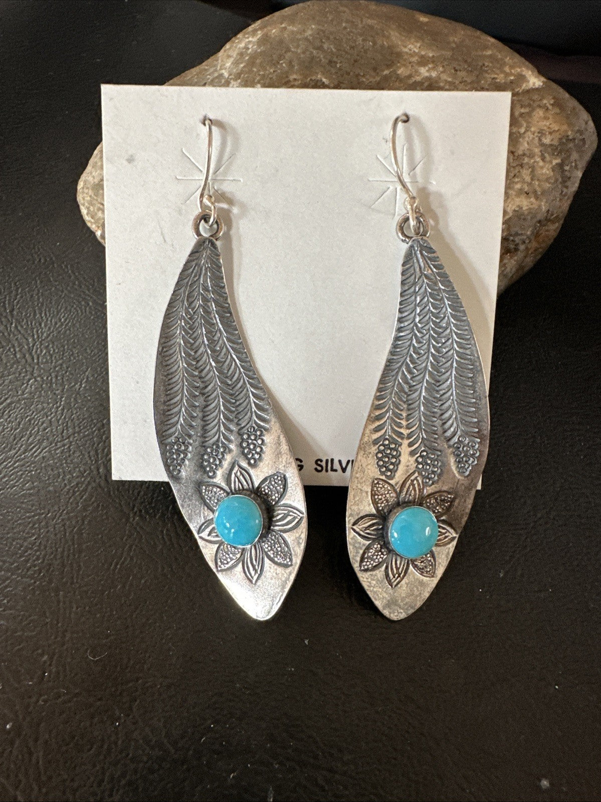 Womens Stamped Blue Turquoise Dangle Earrings Feather Sterling Silver 19785