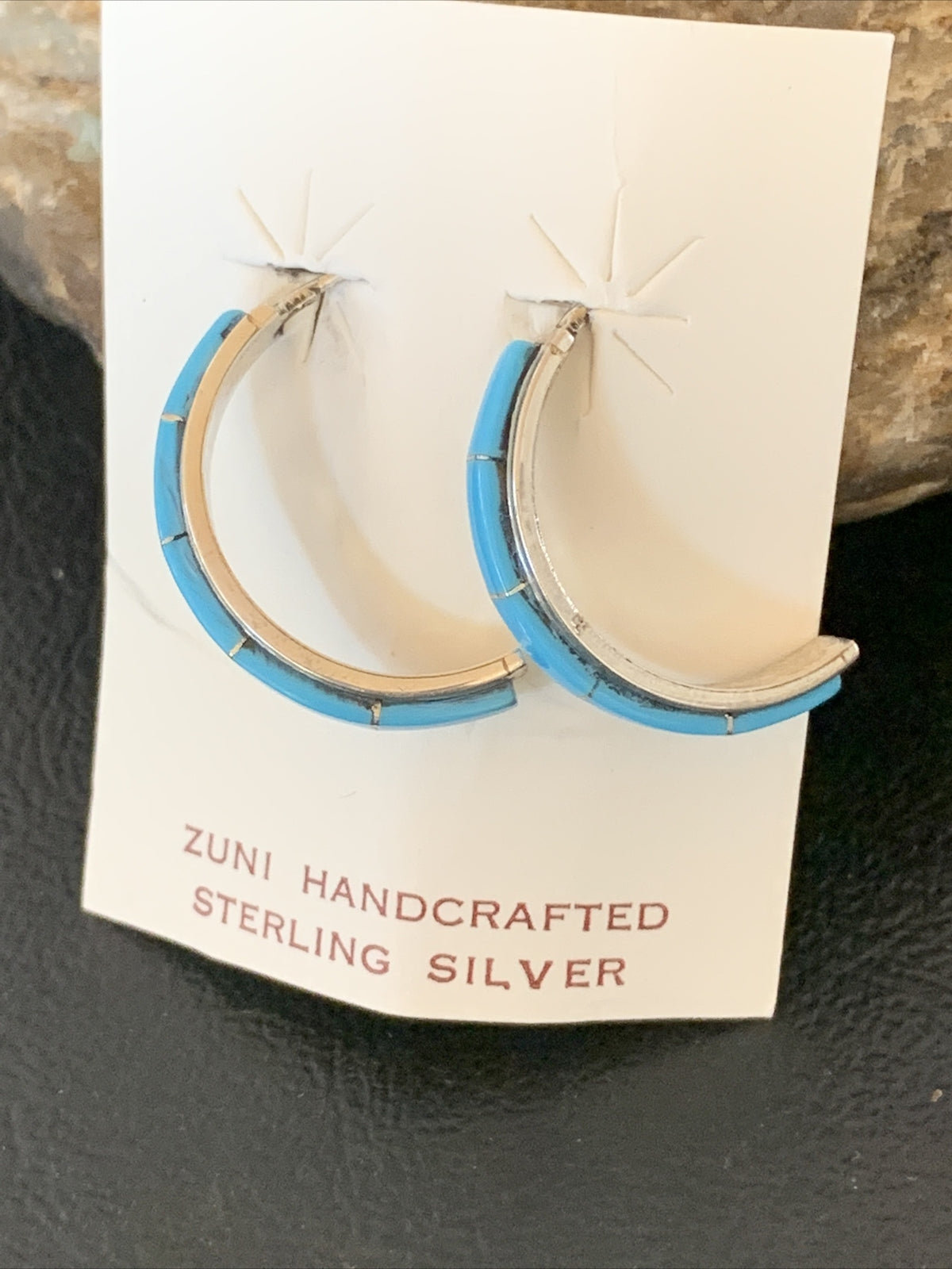 Sleeping Beauty Turquoise Zuni Sterling Silver Inlay Earrings 1610