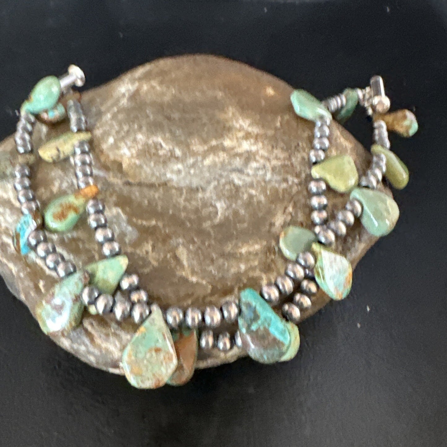 Navajo Sterling Silver Beads Green Turquoise Teardrop Bracelet 2S 7.5" 15259