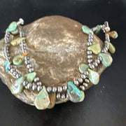 Navajo Beads Green Turquoise Teardrop Bracelet 2S 7.5" | Sterling Silver | Authentic Native American Handmade | 15259