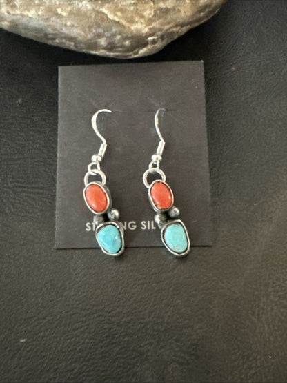 Handmade Blue Turquoise Red Coral Sterling Silver Navajo Dangle Earrings 18846