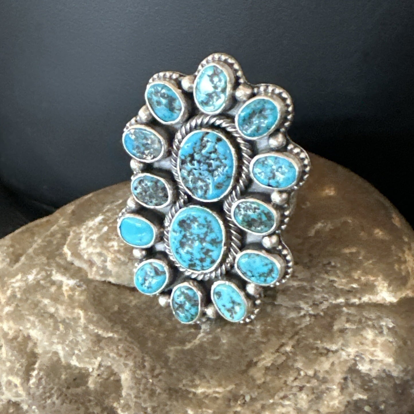 Navajo Cluster Blue Kingman Turquoise Sterling Silver Adjustable Ring Sz 7 18794